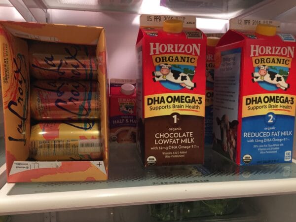 A look at the beverages in our fridge. Not pictured: my flavored coffee creamer that definitely is my sugar-vice! 