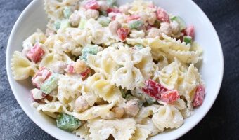 Chickpea Pasta Salad is a fresh and flavorful dish packed with protein, chopped veggies, and whole grain pasta.