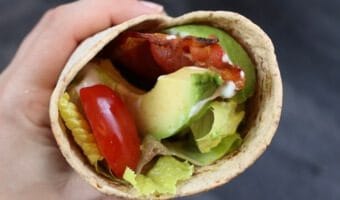 What could be better than a simple bacon, lettuce, tomato, and avocado wrap [BLTA wrap]?! Layered in a Flatout Flatbread this sandwich makes for the easiest lunch!