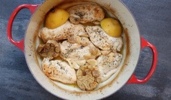 40 Cloves of Garlic Chicken is one of the easiest weeknight chicken dinners you can make! The natural juices from the chicken and garlicky broth make a delicious dipper for crusty bread or served over brown rice!