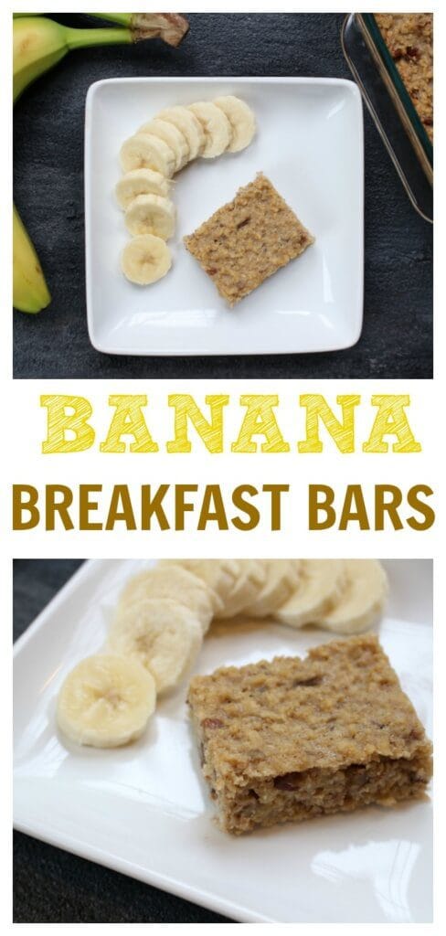 PicMonkey Collage - Mom to Mom Nutrition Banana breakfast bars make a quick and easy breakfast or afternoon snack and are baked to perfection with simple ingredients like yogurt, oats, and bananas.