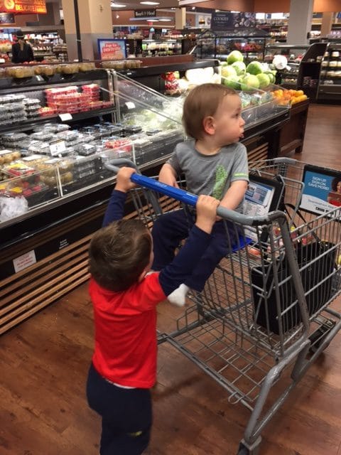 HANG ON ANTHONY!!! Please excuse the blurry images in this post. Can you imagine trying to get your toddlers to pose while grocery shopping?! Oh and also excuse the fact that the kiddo in the cart is not wearing shoes.... 