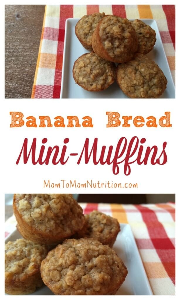 bananabreadmuffins - Mom to Mom Nutrition Banana bread mini muffins are filled with all the tasty banana bread flavor in bite-sized form! Simple ingredients and nut-free!