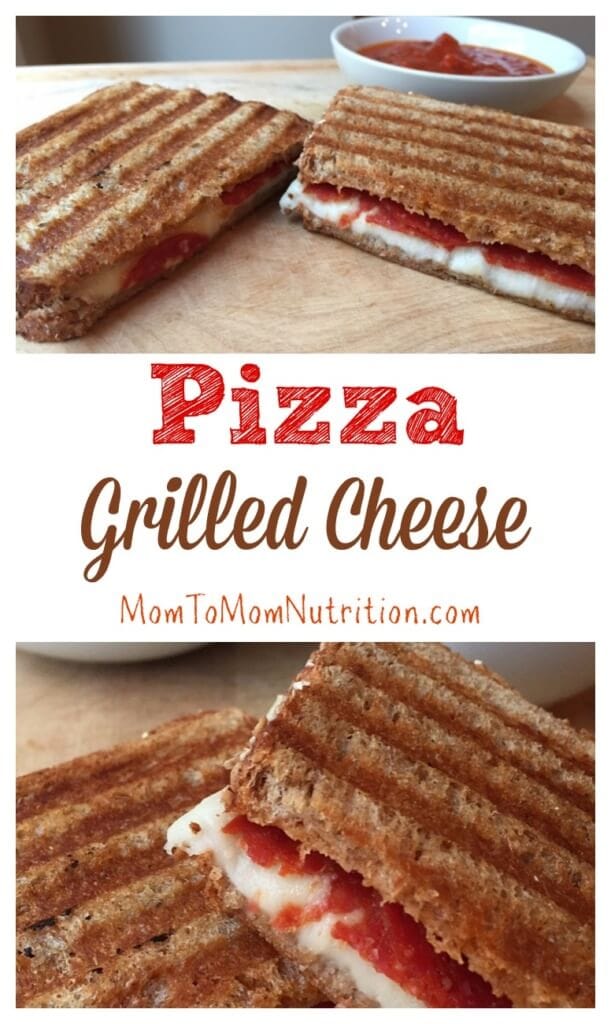 pizzagrilledcheese2 - Mom to Mom Nutrition Grilled cheese and pizza toppings make pizza grilled cheese in this twist on a classic comfort food and kid-friendly lunchtime favorite.