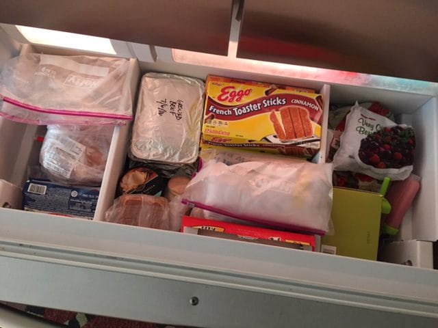 Truth: We have a small freezer, so I really have to pick and choose what I keep on hand to freeze. Right now that means LOTS of meat [I picked up on sale], muffins [you can't see], frozen breakfast items [don't judge, Eggo makes better French Toast than me], and frozen fruit for smoothies! 