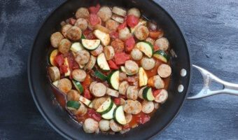 This sausage and zucchini skillet is a quick and easy weeknight meal on its own, or delicious served over brown rice or pasta.