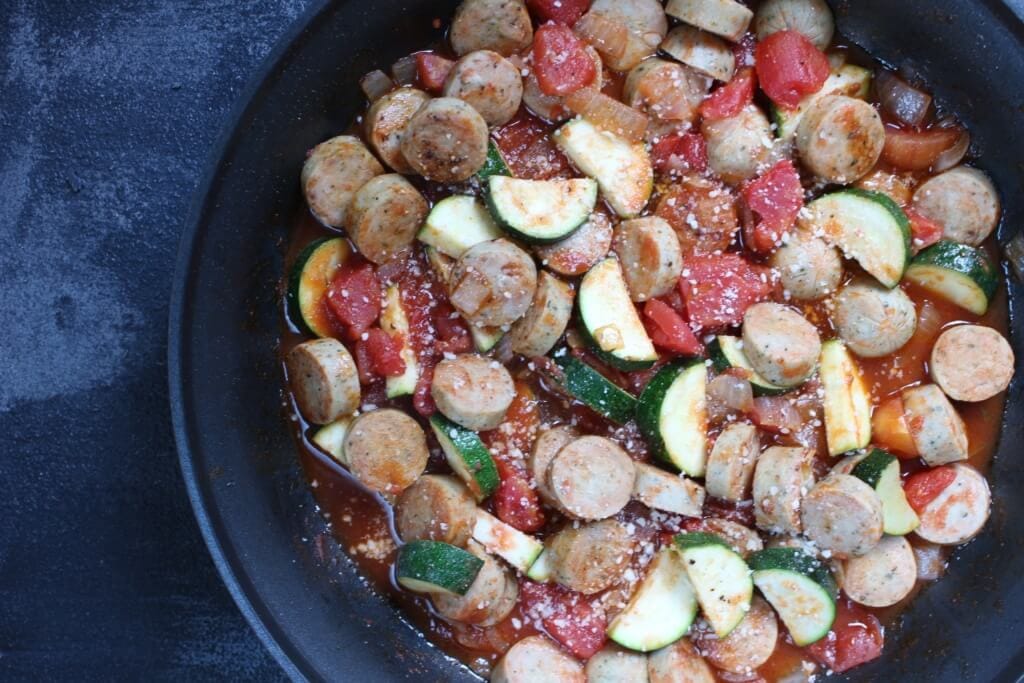 IMG_3039 - Mom to Mom Nutrition This sausage and zucchini skillet is a quick and easy weeknight meal on its own, or delicious served over brown rice or pasta.
