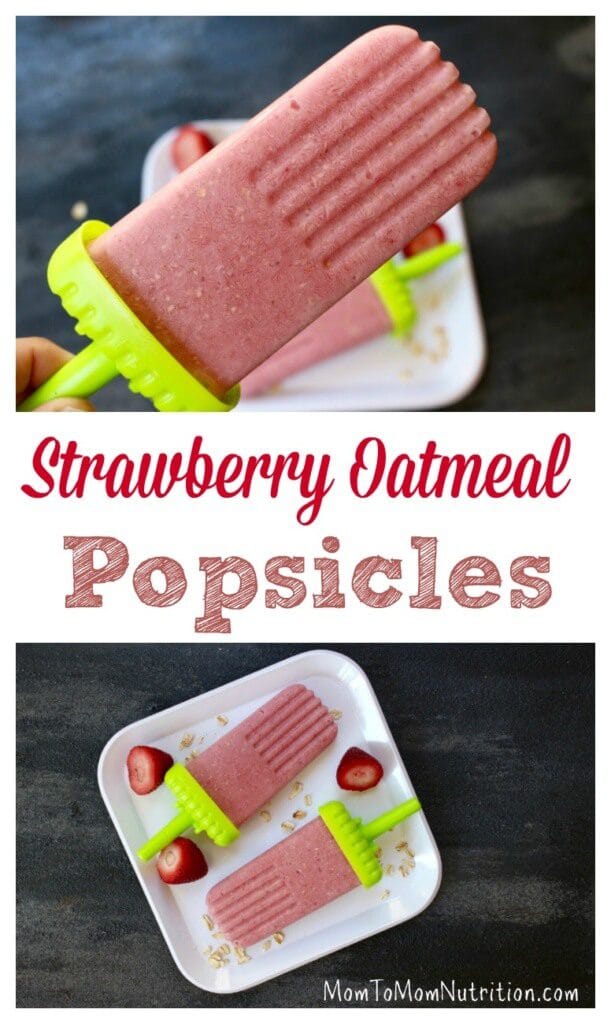 Strawberryoatmealpops2 - Mom to Mom Nutrition Strawberry oatmeal popsicles taste just like eating strawberry oatmeal, but frozen on a stick for a yummy treat!