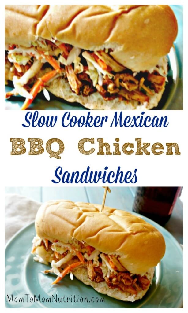Slow Cooker Mexican BBQ Chicken Sandwiches - Mom to Mom Nutrition Slow Cooker Mexican BBQ Chicken Sandwiches: 3 unlikely ingredients come together with almost no prep to create one out of this world slow cooker meal!