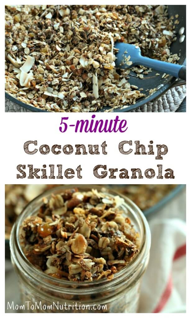 coconutchipgranola - Mom to Mom Nutrition Skillet Granola gives you the flavor and taste of homemade granola in just about 5 minutes without turning on the oven! #quickandeasygranola #skilletgranola #coconutchipgranola #healthygranolarecipe #kidfriendlysnacks #kidfriendlyrecipe #easybreakfastrecipe