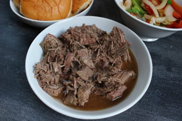 IMG_3079 - Mom to Mom Nutrition French Dip Sandwiches get a healthy makeover with extra veggies and a low-sodium dipping sauce. This easy-to-follow recipe is made with the help of your slow cooker!