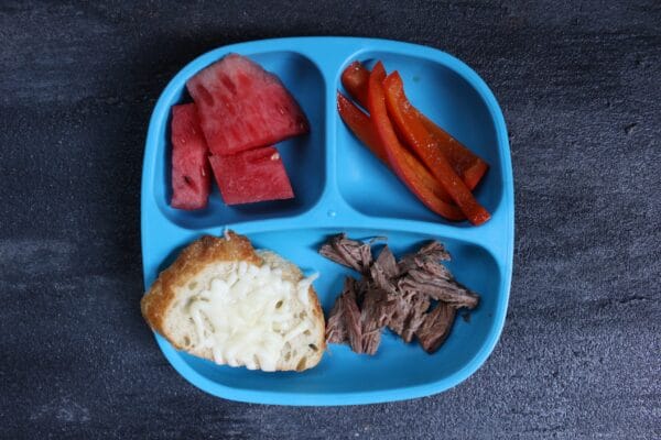 IMG_3085 - Mom to Mom Nutrition French Dip Sandwiches get a healthy makeover with extra veggies and a low-sodium dipping sauce. This easy-to-follow recipe is made with the help of your slow cooker!