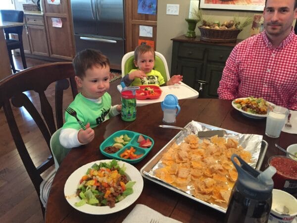 How family meals look in our house. And yes, the boys go straight for the melted cheese and tortilla chips! 