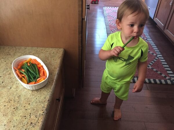 IMG_7048 - Mom to Mom Nutrition And when snack time seems never ending, use it to your advantage to get more fruits and veggies in your child's diet, by only offering those things before a meal! Can you tell he's thrilled to be eating a cold green bean?!