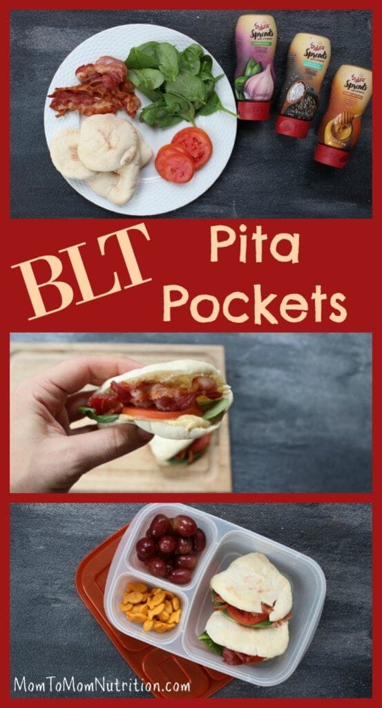 BLT Pita Pockets pack a punch of flavor for a quick and easy classic bacon, lettuce, and tomato sandwich with a simple hummus spread. Great for a quick school or work lunch!