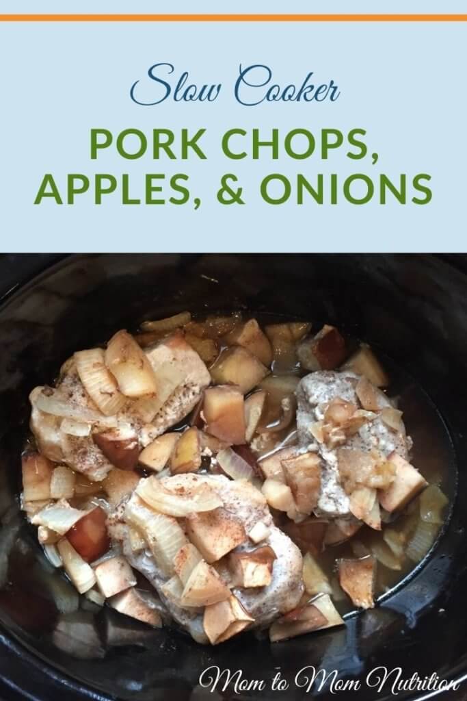 Slow Cooker Pork Chops, Apples, and Onions - Mom to Mom Nutrition Taste the flavors of fall with slow cooker pork chops, apples, and onions. A delicious set-it and forget-it weeknight meal! (gluten-free, dairy-free) #porkchopsapplesandonions #slowcookermeals #slowcookerrecipes #dairyfreerecipes #dairyfreemeals #kidfriendlydinner #kidfriendlymeals #kidfriendlycrockpotrecipes #applerecipes
