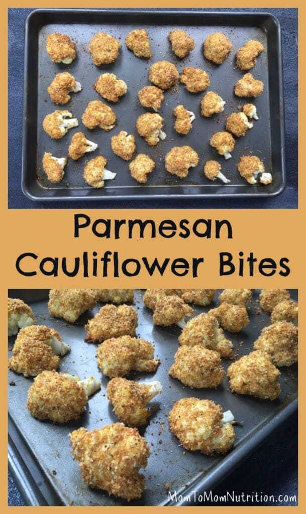 Baked parmesan cauliflower bites are breaded with a mixture of parmesan cheese and Italian seasoning, and served with marinara sauce for a perfect side dish or snack!