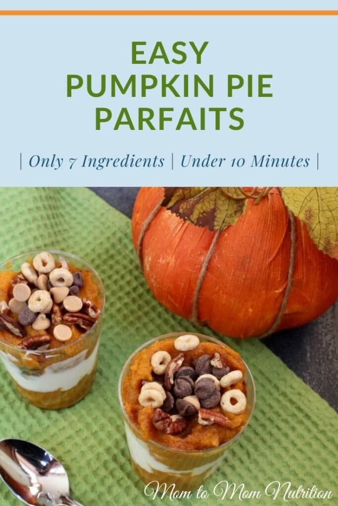 Easy pumpkin pie parfaits - Mom to Mom Nutrition These easy pumpkin pie parfaits are a perfect fall snack or treat. They are just in time for the holiday season! #pumpkinpieparfaits #easypumpkinrecipes #pumpkinrecipeseasy #pumpkindessertshealthy #kidfriendlydesserts #fallrecipeshealthy #fallrecipeseasy