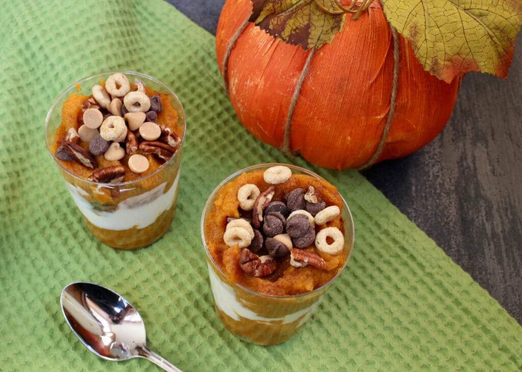 img_3240 - Mom to Mom Nutrition Pumpkin pie parfaits are made with layers of creamy Greek yogurt and spiced canned pumpkin puree. A perfect fall snack or treat, just in time for the holiday season!
