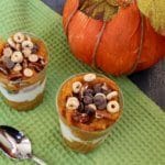 Pumpkin pie parfaits are made with layers of creamy Greek yogurt and spiced canned pumpkin puree. A perfect fall snack or treat, just in time for the holiday season!