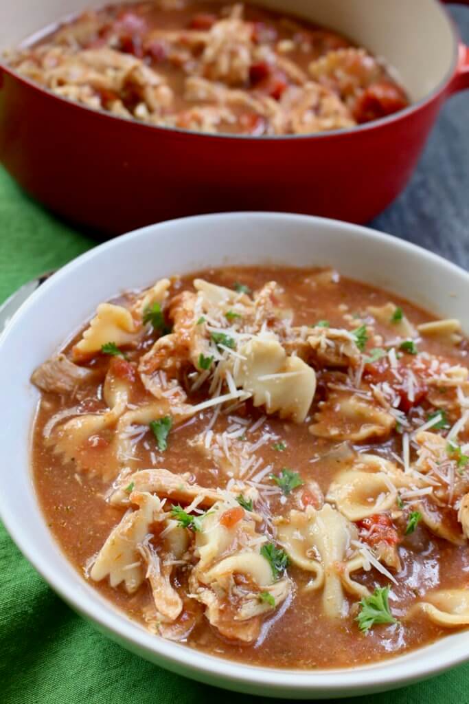 Italian Chicken Soup is a yummy, hearty, chicken soup with Italian flavor! It’s just like the classic chicken noodle with tomatoes, pesto, and lots of cheese!