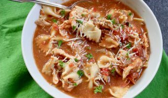 Italian Chicken Soup is a yummy, hearty, chicken soup with Italian flavor! It’s just like the classic chicken noodle with tomatoes, pesto, and lots of cheese!