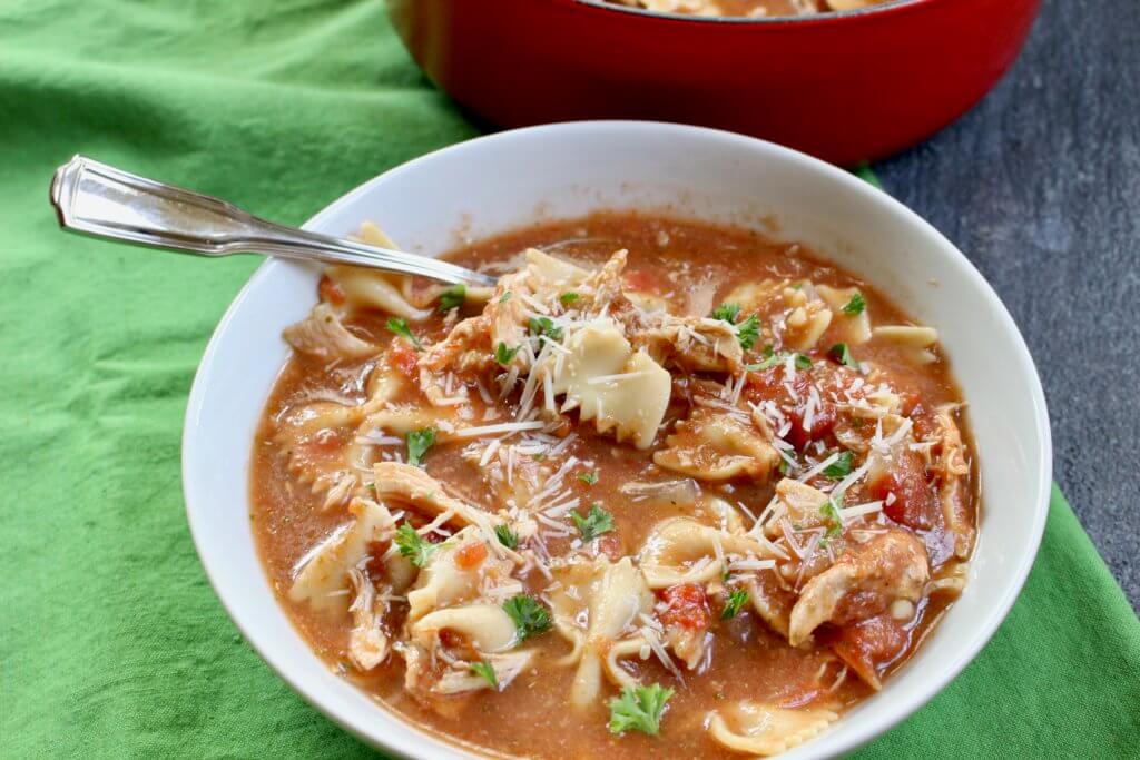 Italian Chicken Soup is a yummy, hearty, chicken soup with Italian flavor! It’s just like the classic chicken noodle with tomatoes, pesto, and lots of cheese!