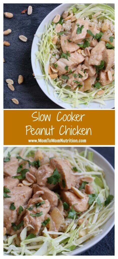 PicMonkey Image - Mom to Mom Nutrition Slow cooker peanut chicken is a creamy chicken dish in a simple peanut sauce finished off with fresh lime juice, making mealtime SO easy and delicious!