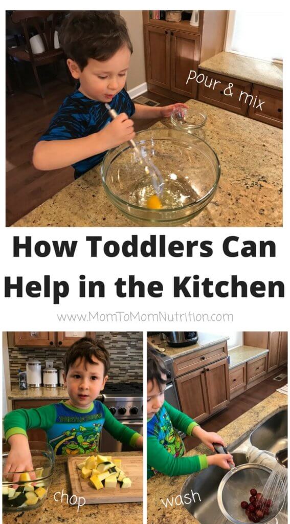How Toddlers Can Help in the Kitchen (1) - Mom to Mom Nutrition From unloading groceries, washing produce or grating cheese, here are 8 fun and interactive ways toddlers can help in the kitchen.