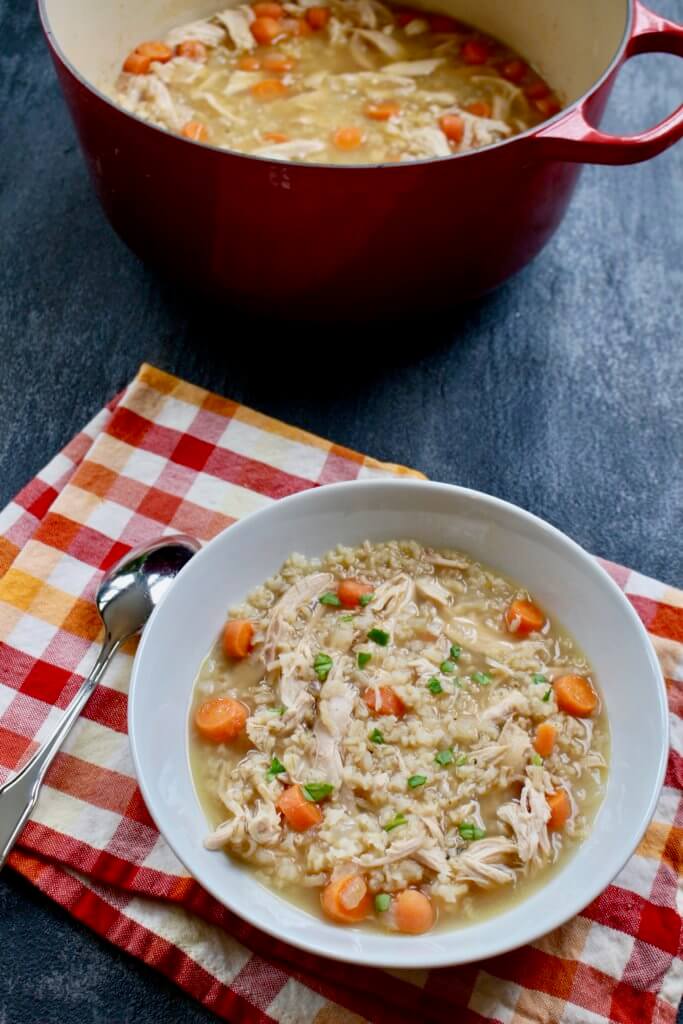 IMG_3360 - Mom to Mom Nutrition Chicken and rice soup is comfort food in a bowl made with few ingredients and packed full of flavor!