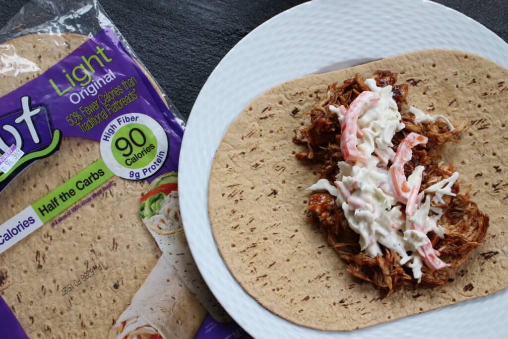 IMG_3397 - Mom to Mom Nutrition BBQ sauce and coleslaw give lots of crunch and flavor to this Flatout Flatbread BBQ chicken wrap! Perfect for a weekday lunch or simple weeknight dinner.