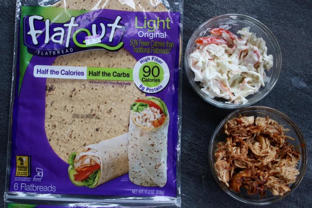 IMG_3400 - Mom to Mom Nutrition BBQ sauce and coleslaw give lots of crunch and flavor to this Flatout Flatbread BBQ chicken wrap! Perfect for a weekday lunch or simple weeknight dinner.