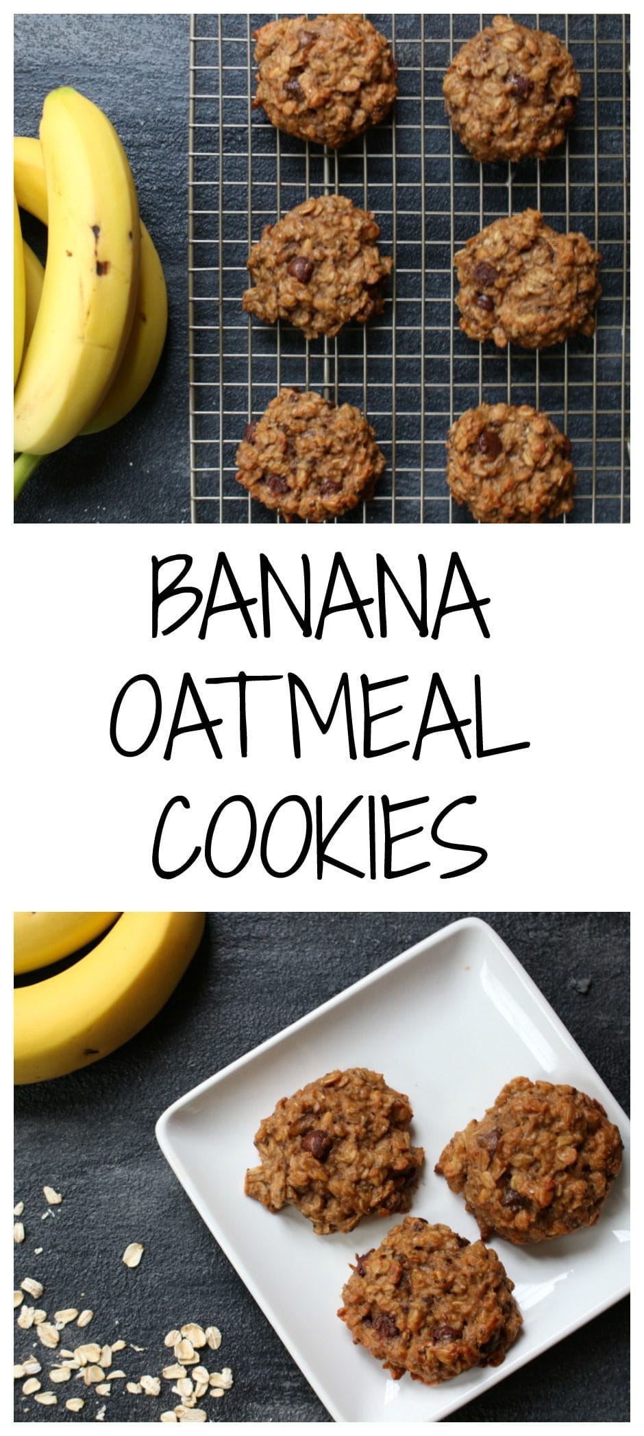 PicMonkey Image - Mom to Mom Nutrition Banana oatmeal cookies make a perfect breakfast on-the-go or after school snack, and are the perfect way to use ripe bananas!
