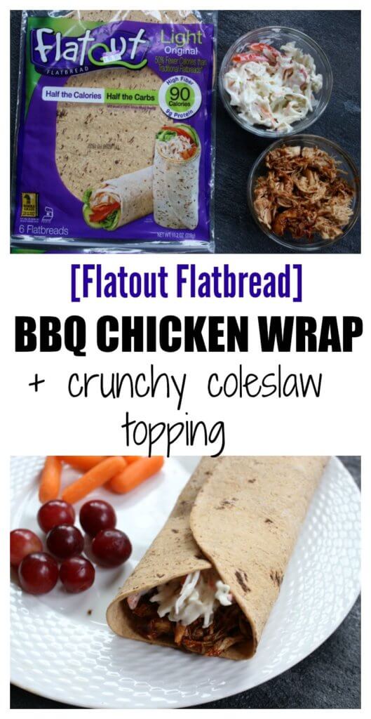 PicMonkey Image - Mom to Mom Nutrition BBQ sauce and coleslaw give lots of crunch and flavor to this Flatout Flatbread BBQ chicken wrap! Perfect for a weekday lunch or simple weeknight dinner.