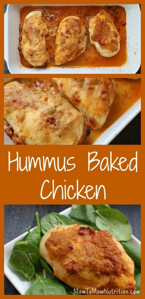 A simple chicken breast gets topped with creamy hummus for one weeknight meal that’s ready in no time! #hummuschicken #hummusbakedchicken #easybakedchicken #healthyhummuschicken #kidfriendlyrecipes 