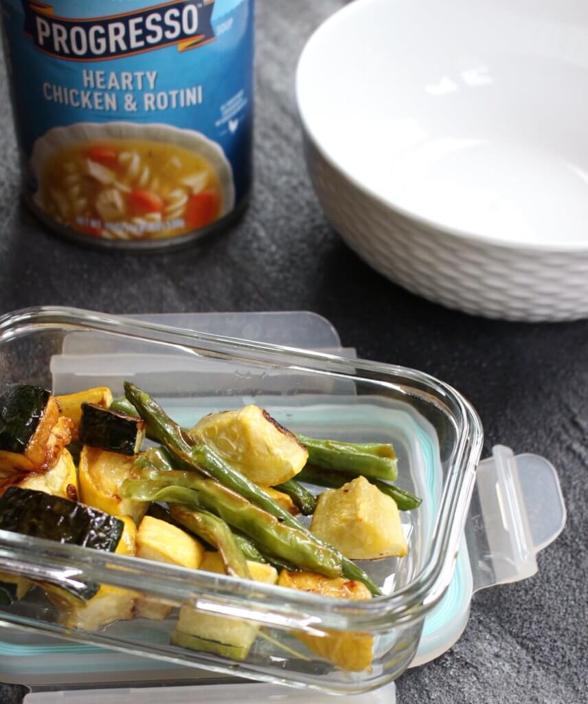 Cook once and dine twice with a big batch of roasted vegetables. And make the most of the leftovers by adding them to a simple chicken soup!