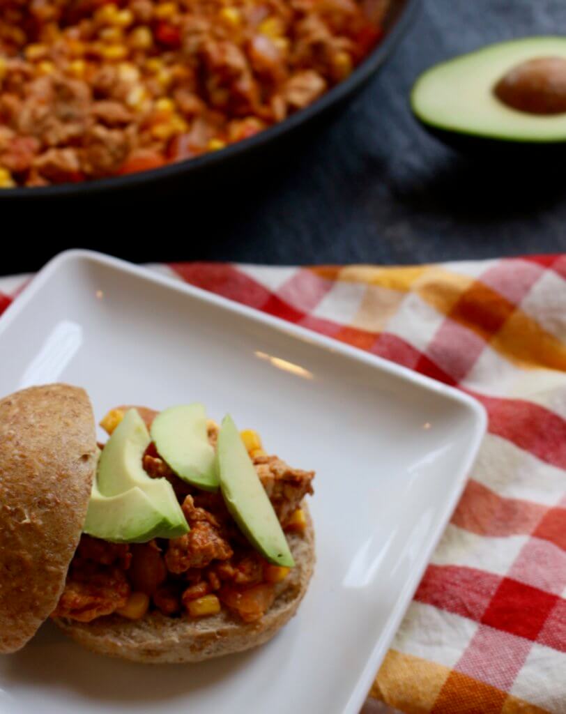 A twist on the traditional sloppy joe, made with lean ground turkey, Mexican spices, and topped with fresh avocado slices.