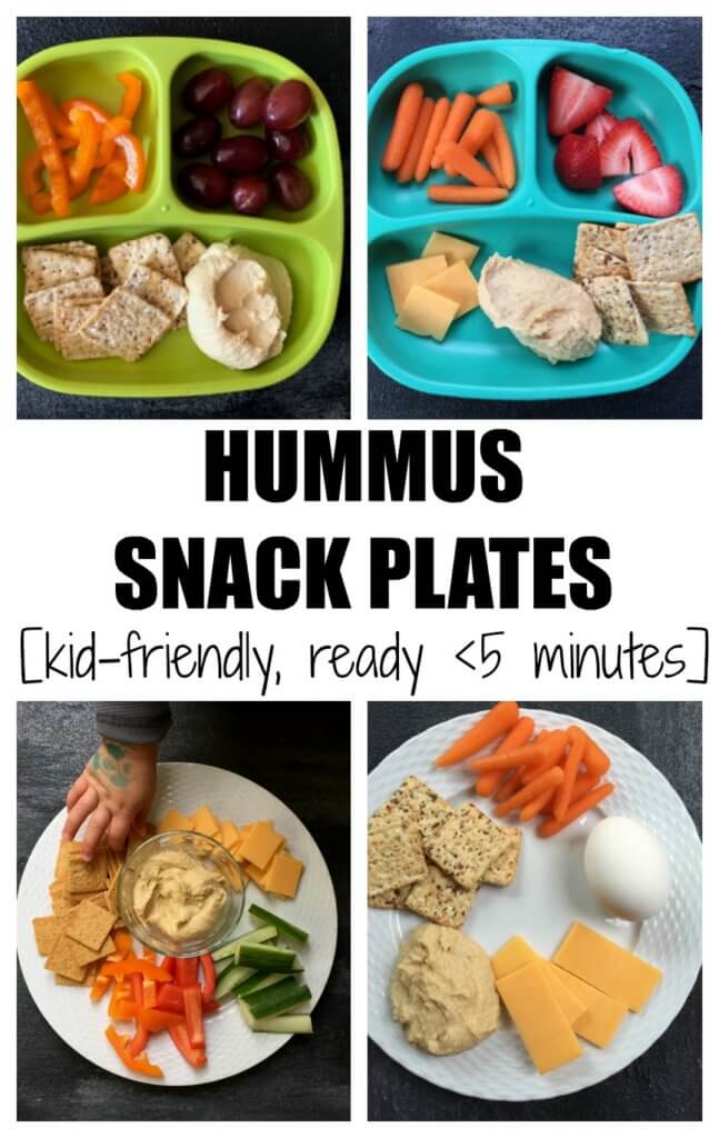 Hummus snack plates are perfect for a shareable lunch or snack. Just serve your favorite hummus alongside fresh dippers like pepper or cucumber strips and crackers. 