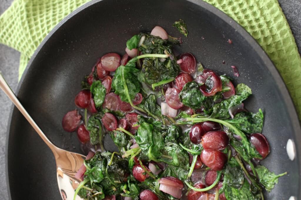 IMG_3466 - Mom to Mom Nutrition Kale grape skillet is a heart-healthy side dish made with fresh kale leaves and a simple, nutritious, 100% Welch’s Grape Juice sauce.