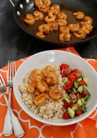 IMG_3477 - Mom to Mom Nutrition Honey garlic shrimp make the perfect weeknight meal. Use as a filling for tacos, or eat as-is with your favorite fresh salsa and brown rice.