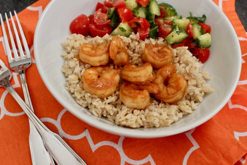 IMG_3478 - Mom to Mom Nutrition Honey garlic shrimp make the perfect weeknight meal. Use as a filling for tacos, or eat as-is with your favorite fresh salsa and brown rice.