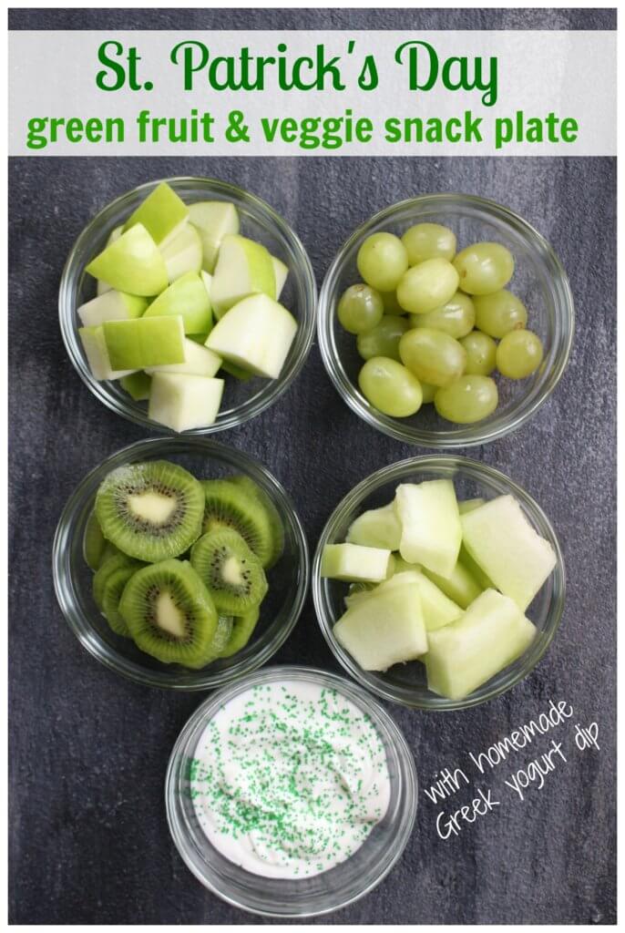 pin image - Mom to Mom Nutrition Get your kids in the holiday spirit with this St. Patrick's Day snack idea. All you need is your favorite green fruits and veggies and favorite dip!