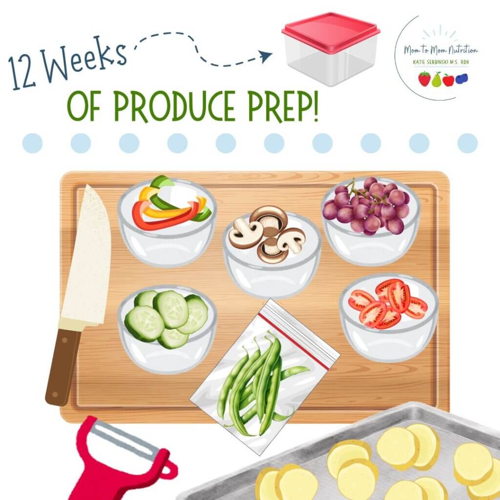 Produce prep is one way I make sure my family eats a variety of fruits and vegetables each week. One hour of washing and chopping produce each week helps with meals and snacks!