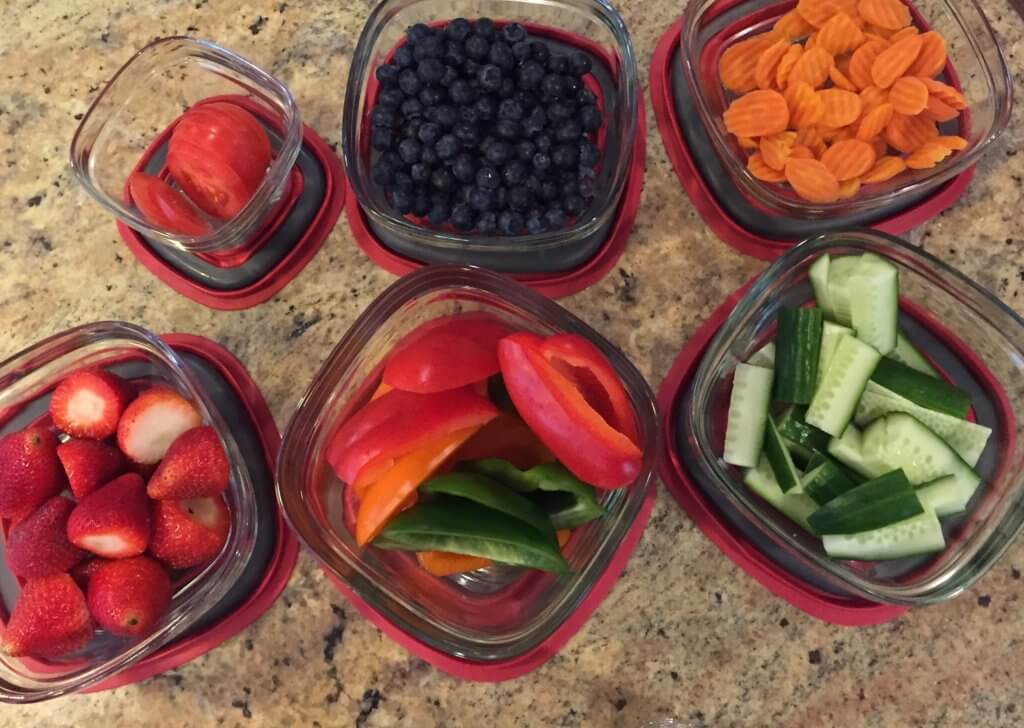 Produce prep is one way I make sure my family eats a variety of fruits and vegetables each week. One hour of washing and chopping produce each week helps with meal and snacks! 