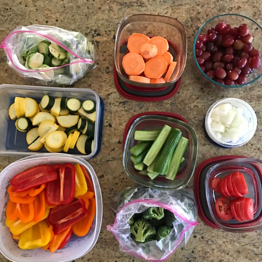 Produce prep is one way I make sure my family eats a variety of fruits and vegetables each week. One hour of washing and chopping produce each week helps with meal and snacks! 