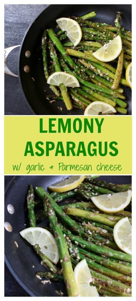 PicMonkey Image - Mom to Mom Nutrition Lemony asparagus with garlic and parmesan is a quick and easy side dish, served with fresh lemon slices for a bright, spring recipe!