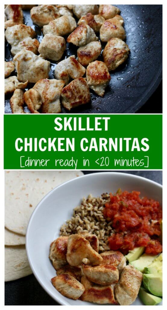 PicMonkey Image - Mom to Mom Nutrition Skillet chicken carnitas are a family-friendly spin on the classic pork carnitas recipe, made with fresh flavors like orange juice, cumin, and garlic!