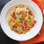 Orzo salad with bell peppers and garlic dressing is the perfect side dish for any summer BBQ or weeknight meal. Fresh bell peppers and a store bought dressing pack a punch of flavor!