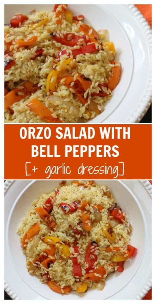 Orzo salad with bell peppers and garlic dressing is the perfect side dish for any summer BBQ or weeknight meal. Fresh bell peppers and a store bought dressing pack a punch of flavor!