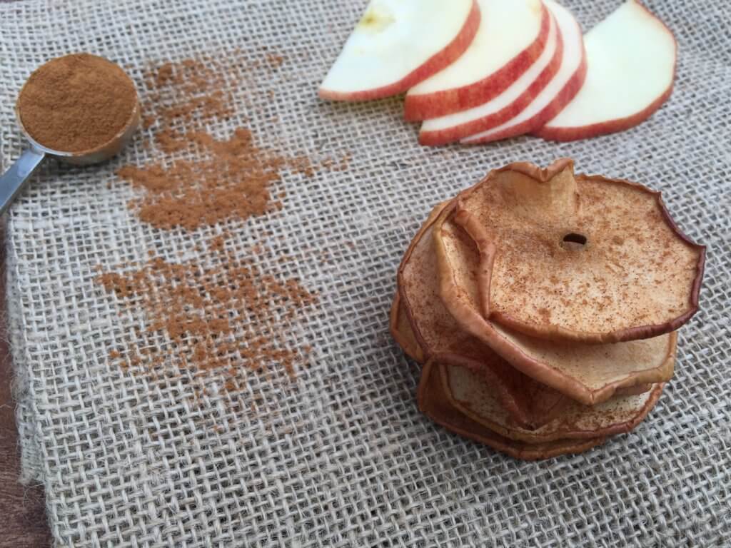 IMG_4607 - Mom to Mom Nutrition Baked apple chips make a nutritious and crunchy snack. All you need is two-ingredients, then slice, sprinkle, and bake!